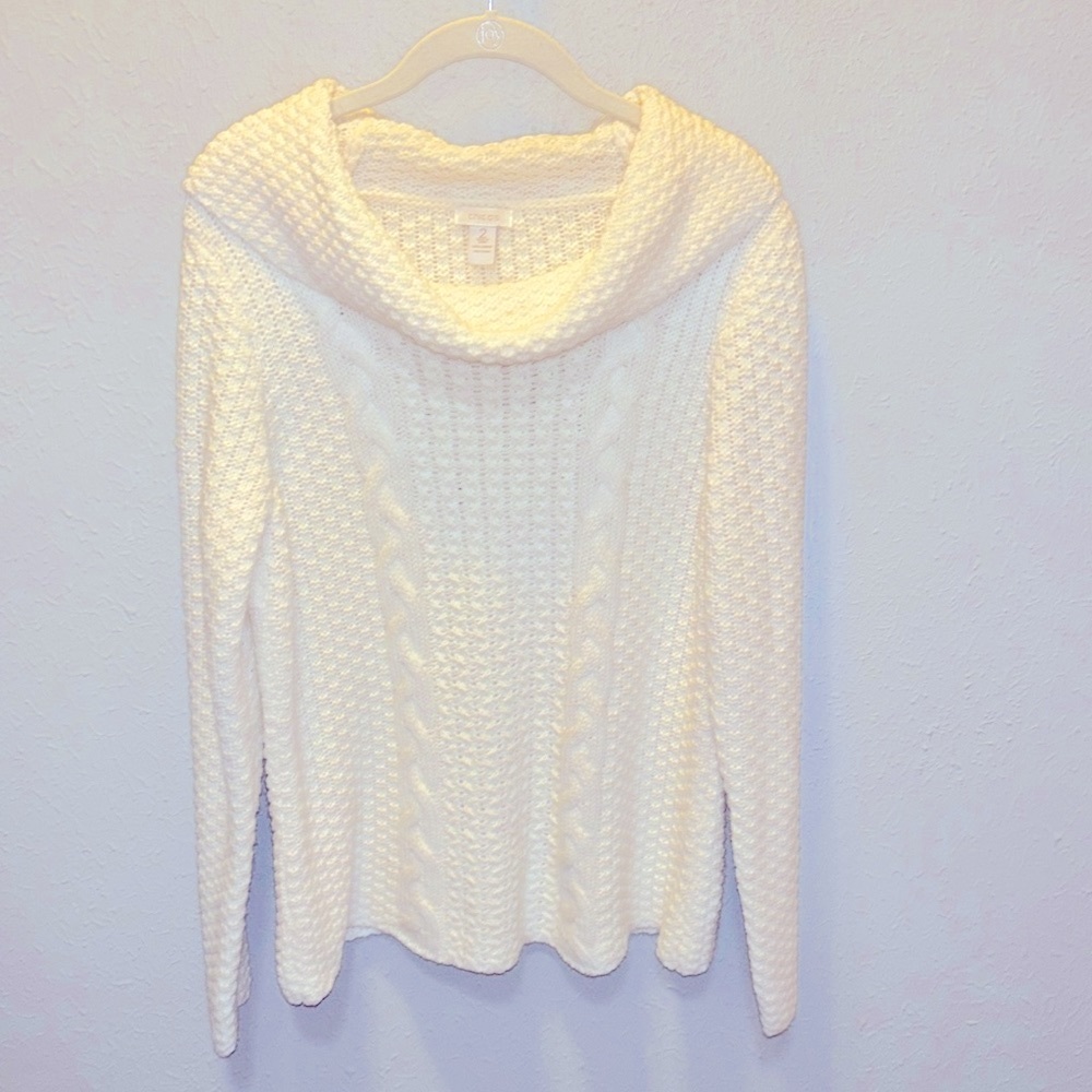 Chicos Chunky White Sweater Cowl Neck Women’s Size Large 12 Chico’s Sz 2